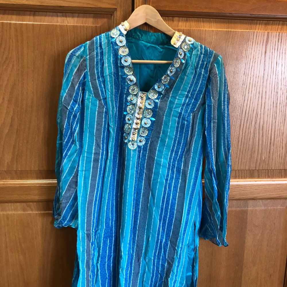 Blue and Silver Printed Beaded Tunic